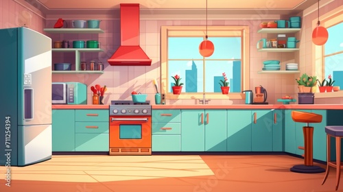 Modern kitchen interior illustration in cartoon style. Bright colors, empty room scene for game background