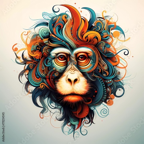 Abstract monkey head close up with tangled doodle elements. Full color illustrations. generative ai