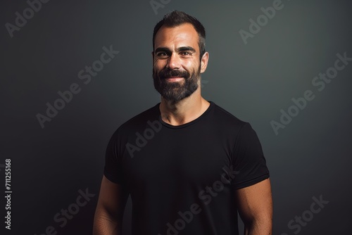 Portrait of handsome bearded man in black t-shirt on dark background