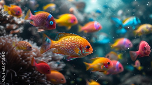 A school of vibrant fish swimming in a coral reef, each scale catching the light in a dazzling display of colors.