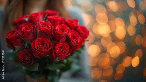 Young woman hands holding bouquet red roses with lights in background  romantic and charm atmosphere background. Valentine concept.
