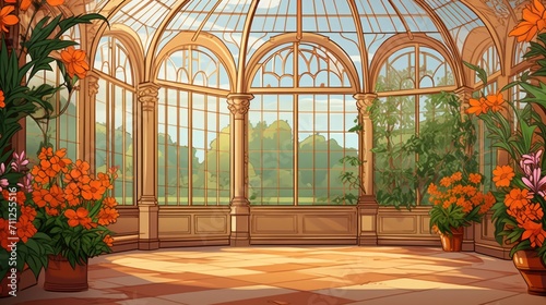 Victorian orangery interior illustration in cartoon style. Bright colors, empty room scene for game background