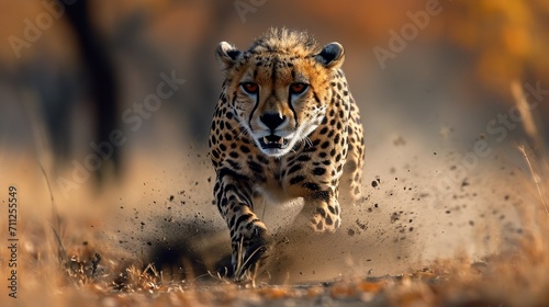 A cheetah in mid-sprint, muscles tense and fur rippling running to get its food in the jungle.