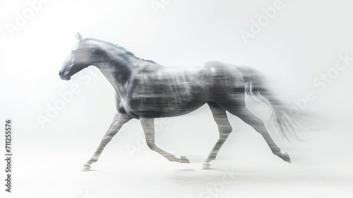 A ghostly image of a horse in stride  rendered in monochromatic tones with a motion blur effect  creating an abstract and dynamic visual of equine grace and power.