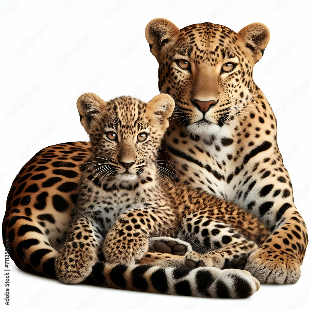 Naklejka premium leopard and leopard cub isolated on white background