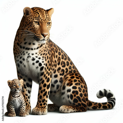 leopard and leopard cub isolated on white background