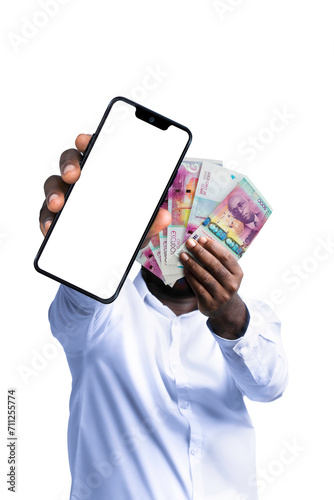 Black person holding Cape Verdean Escudo notes and pointing phone with blank screen to the camera. Hand holding Cape Verdean currency notes, 3d rendered money photo