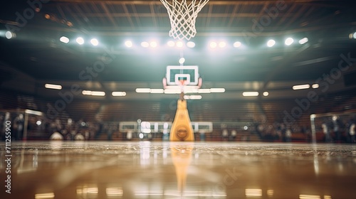 Basketball Court Perspective with Hoop and Shiny Floor photo
