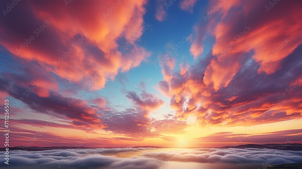 Beautiful orange and purple hues of the sky and clouds during sunset over the horizon