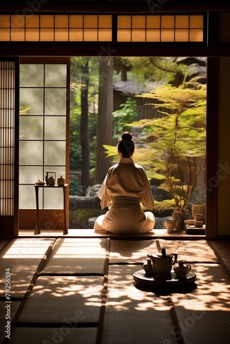 serene moment during a traditional tea ceremony in an old Japanese house. 
