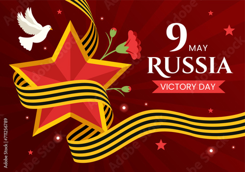 Russia Victory Day Vector Illustration on May 9 with Medal Star Of The Hero, Great Patriotic War and Ribbon Yellow Black Color in Flat Background © denayune