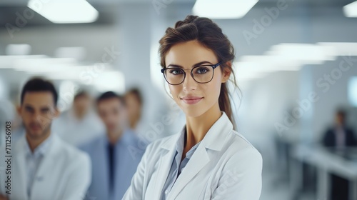 Portrait of a confident female researcher in a white lab coat and glasses working in a modern medical science laboratory with a team of specialists behind her