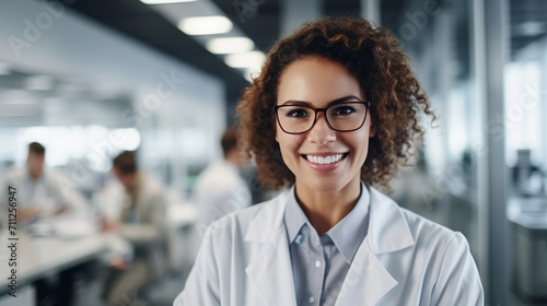 Portrait of a confident female researcher in a white lab coat and glasses working in a modern medical science laboratory with a team of specialists behind her photo