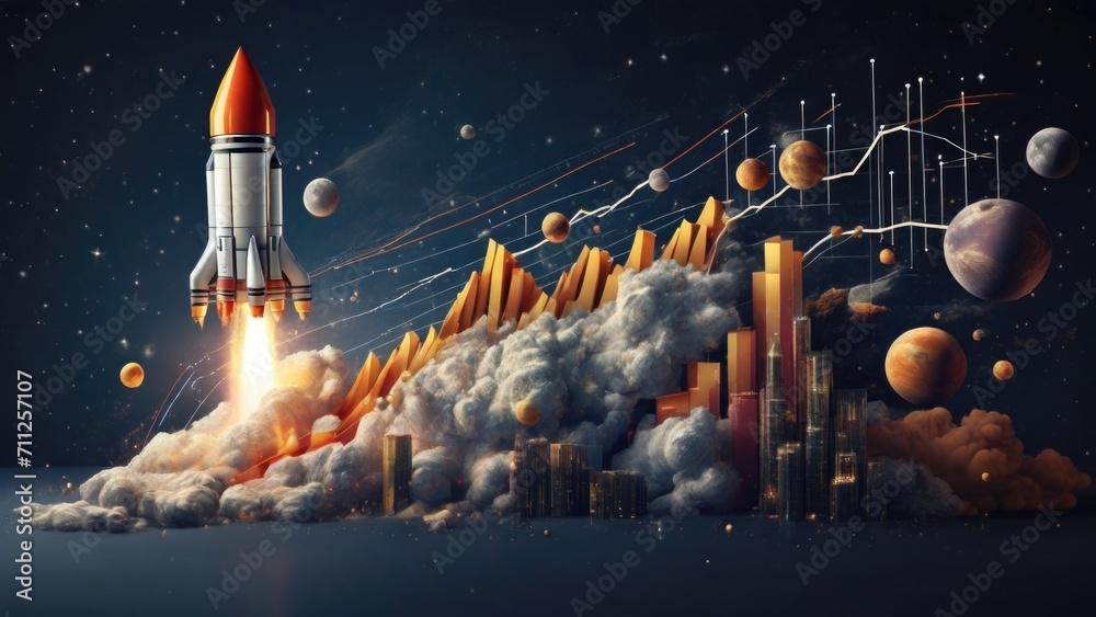 A visual representation of a chart that showcases the exponential growth and prosperity of a new business venture, with a rocket taking off towards the stars. - obrazy, fototapety, plakaty 