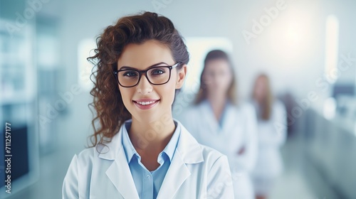 Portrait of a confident female researcher in a white lab coat and glasses working in a modern medical science laboratory with a team of specialists behind her