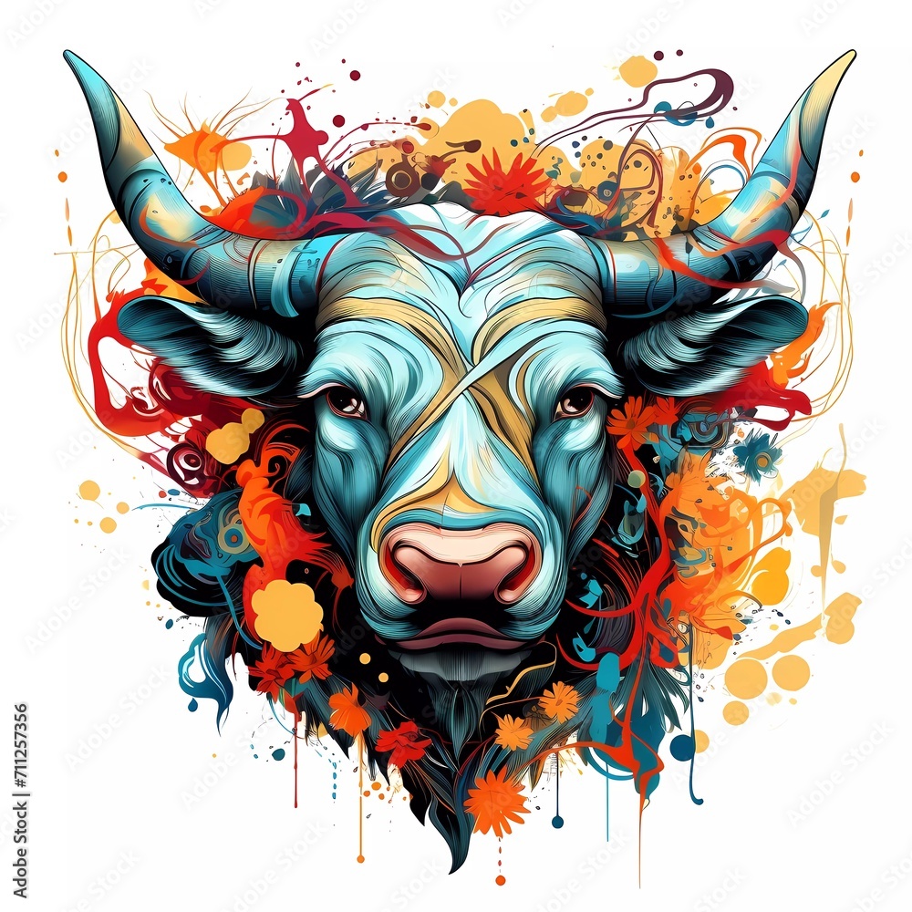 Abstract bull head close up with tangled doodle elements. Full color illustrations. generative ai