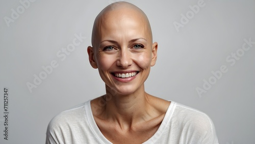 portrait of smiling bald woman suffering from cancer isolated on background photo