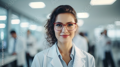 Portrait of a confident female researcher in a white lab coat and glasses, working in a modern medical science laboratory with a team of specialists in the background