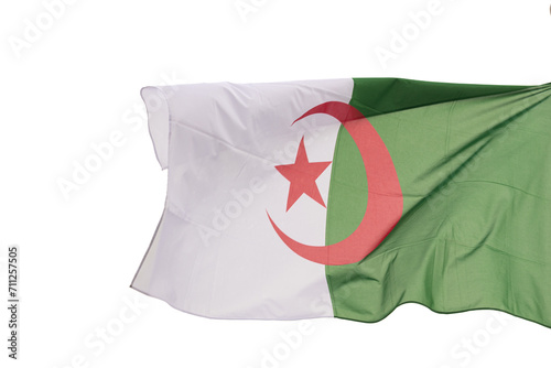Flag of Algeria. The large Algerian flag flutters in the wind. Close-up. Great for news. Algeria flag on white background