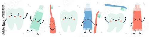 Set of flat vector illustrations. Happy healthy teeth, earth brushes, electric toothbrush, toothpaste. Oral hygiene items holding hands . Vector illustration