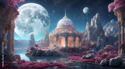 In a photograph saturated with intense hues, an opulent lunar space oasis emerges, its main subject a towering crystal palace nestled between jagged lunar cliffs. 