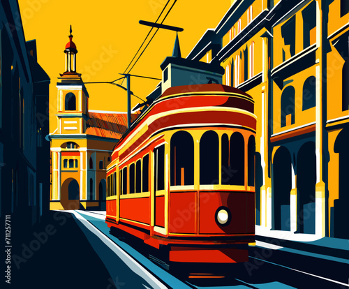 Tram traveling through an old town vektor illustation