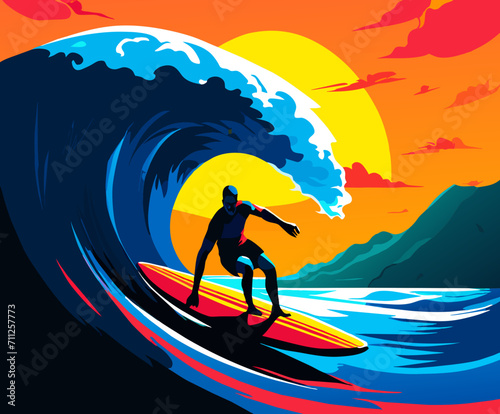 Surfer catching a massive wave vektor illustation