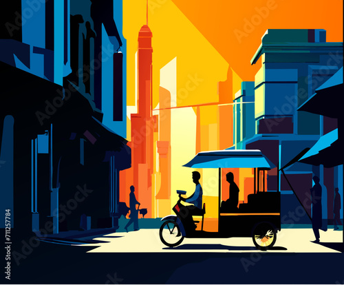 Rickshaw driver navigating a busy street vektor illustation