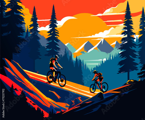 Mountain bikers descending a rugged trail vektor illustation