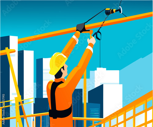 A construction worker with a safety harness and rope vektor illustation