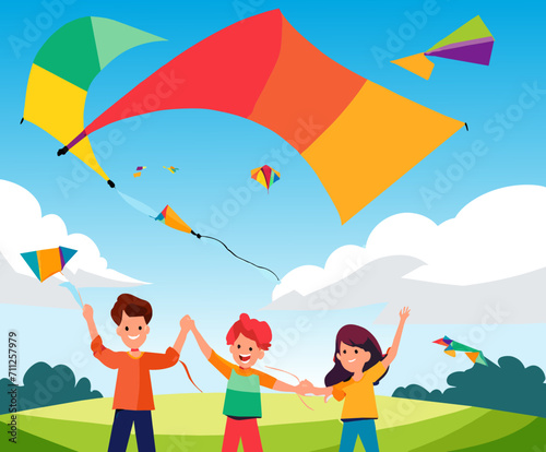 Kids flying kites on a windy day vektor illustation