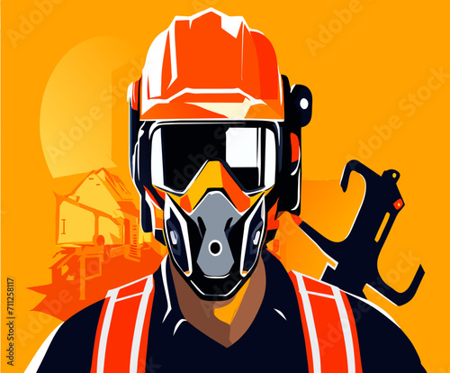 A construction worker with a chainsaw helmet vektor illustation