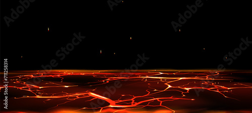 Crack ground or floor with red light glowing. Realistic vector illustration of broken molten volcanic terrain with fracture crash, bright energy burn lightening, floating flare sparkles and smoke.