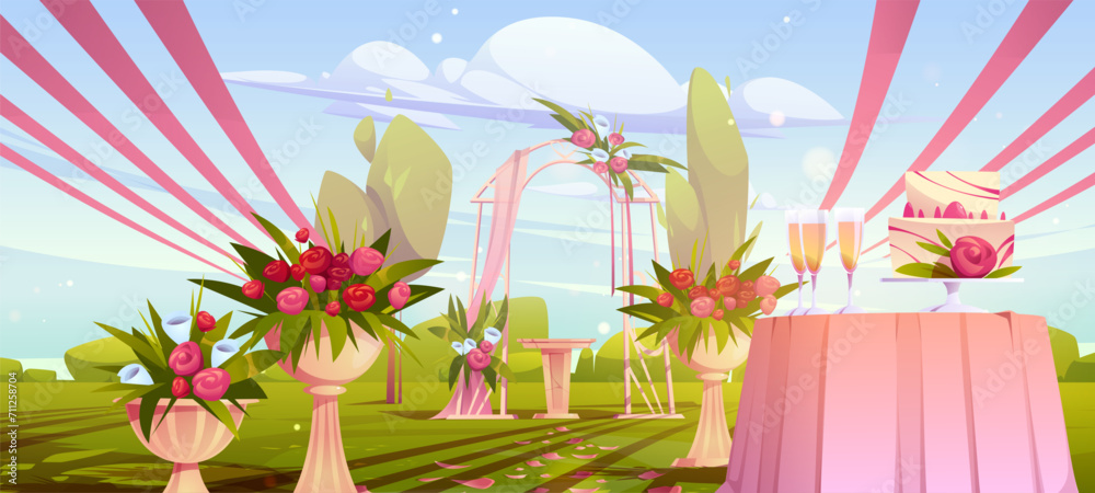 Wedding ceremony scene in summer garden. Vector cartoon illustration of green park decorated with elegant pink ribbons, flowers in vases, romantic arch, wine glasses and cake on table, sunny blue sky