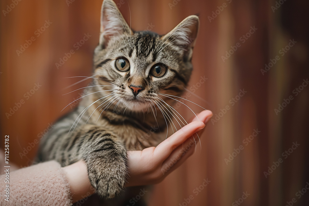 Gray striped cat with womans hand on a brown background 