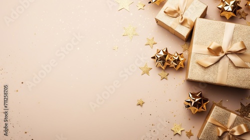Christmas composition with gifts and decorations on beige background - flat lay, top view, copy space, banner backdrop