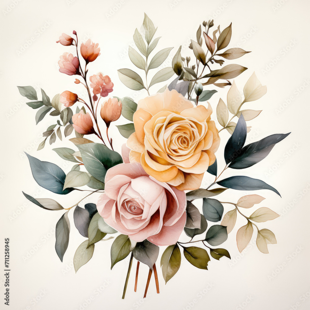 watercolor flower, A painting of colorful flowers on  white background, Set of floral branch. Flower pink rose, green leaves. Wedding concept with flowers. Floral poster, boho flower
