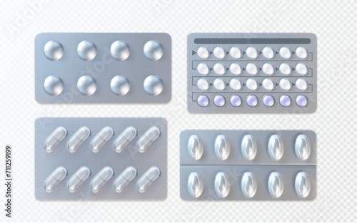 3D set of pill blister mockups isolated on transparent background. Vector realistic illustration of foil packages with tablets and capsules, medical therapy prescription, pharmaceutical products