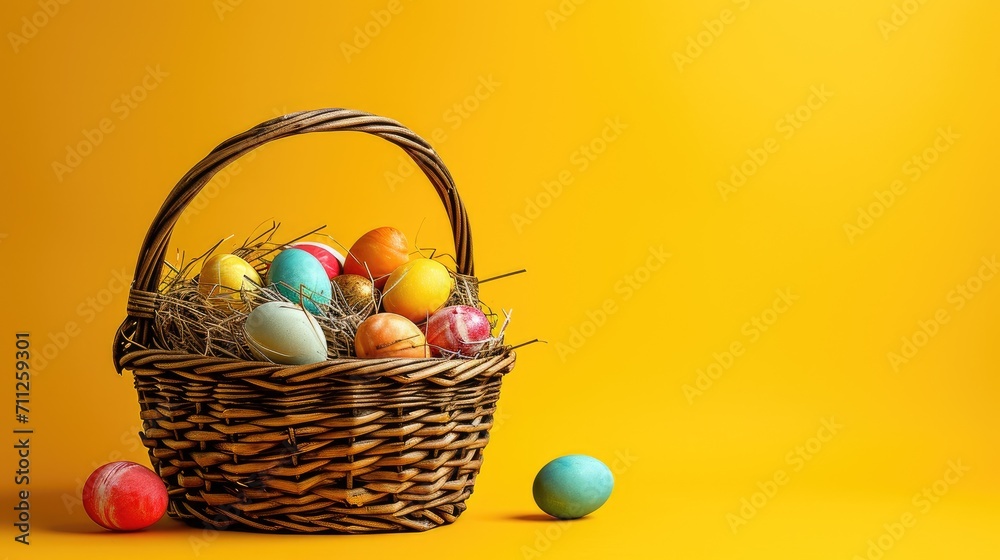 easter basket with colorful eggs isolated on yellow background with copyspace easter basket with colorful eggs isolated on yellow background with copyspace