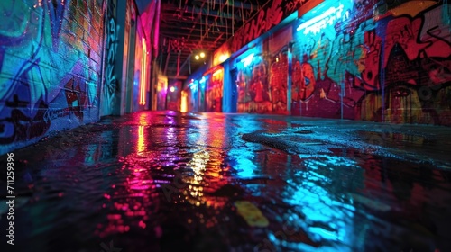 Graffiti artists playground with neon paints splashed across dull surfaces adding a pop of color to the urban landscape © Justlight