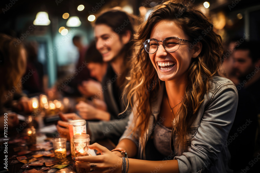 Joyful young woman laughing with friends during an evening gathering at a cozy bar or restaurant. - obrazy, fototapety, plakaty 
