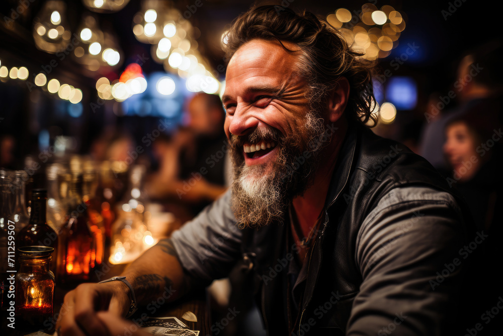 Cheerful bearded man enjoying a fun evening with friends at a lively bar, radiating happiness and joy. Cheerful bearded man enjoying a fun evening with friends at a lively bar, radiating happiness and joy.