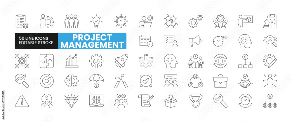 Set of 50 Project Management line icons set. Project Management outline icons with editable stroke collection. Includes Project, Time Management, Innovation, Risk, Collaboration, and More. - obrazy, fototapety, plakaty 