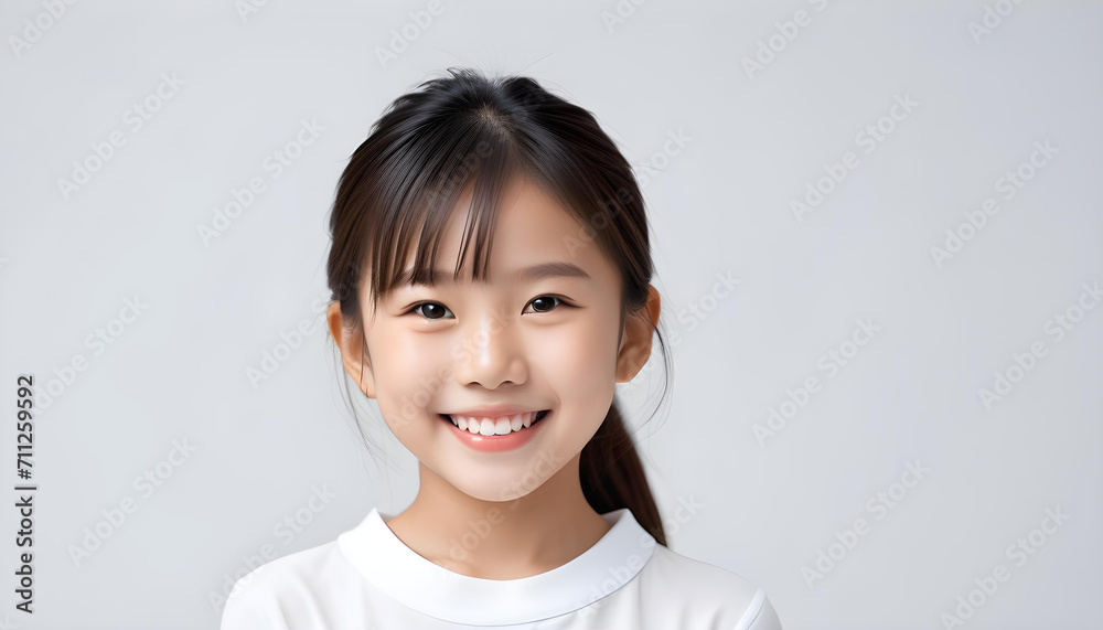 White background photo of portrait of cute Asian girl model smiling with perfect clean teeth. For advertising, web design, etc. White background photo of portrait of cute Asian girl model smiling with perfect clean teeth. For advertising, web design, etc.