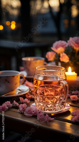 Tea on a Cozy Evening Outside with Warm Rose Petal Warm Autumn Tea Service on a Wooden Table 