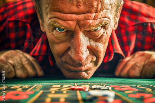 Close-up image of a determined senior man intensely concentrating on a strategic board game.