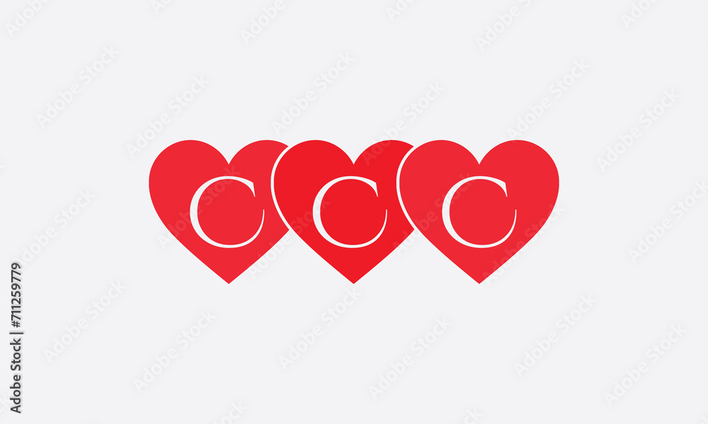Triple Hearts shape CCC. Red heart sign letters. Valentine icon and love symbol. Romance love with heart sign and letters. Gift red love