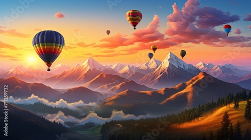 Hot air balloons flying over snow-capped mountains and colorful sky at sunset © Ameer