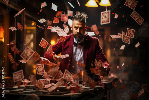 A skilled magician in a stylish burgundy suit performs a card trick, creating a dynamic spectacle with cards flying through the air. photo