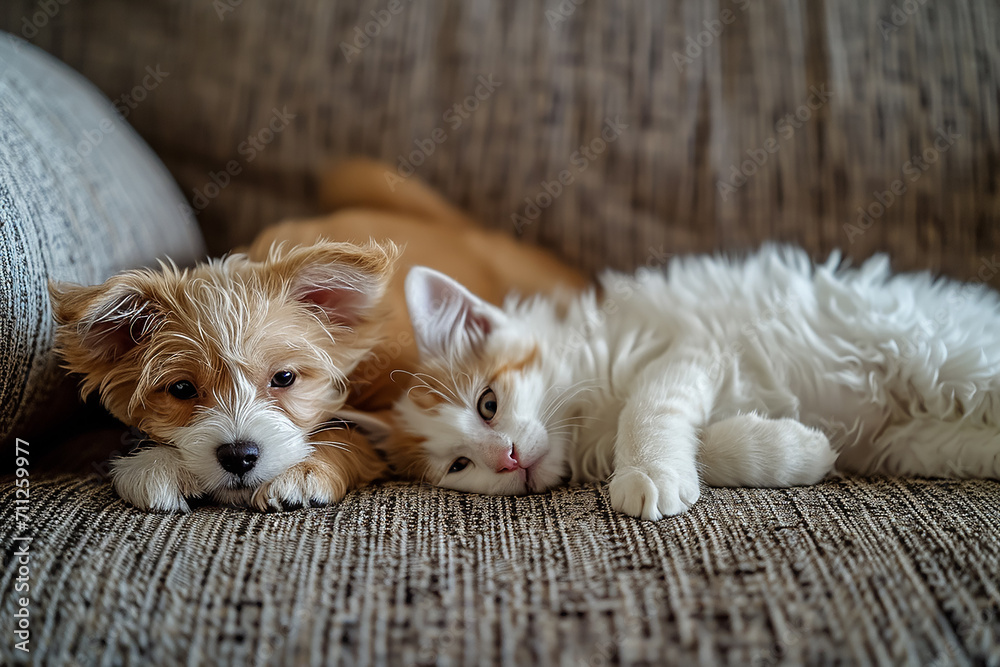 Small white puppy and cat lounging on a couch 